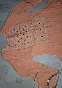 Peach Embroidered Kurta Smark Set For Girls