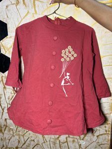 &#34;Balloon Girl Button-Up Tunic - MaroonCotton Casua