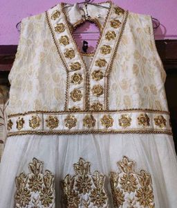 Elegant White &amp; Gold Anarkali Dress