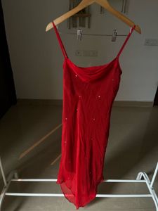 RED CHIFFON SLIP MIDI  DRESS