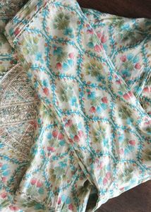 Light Green White Printed Embroidered Kurta
