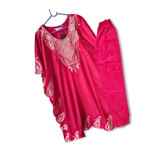 Pink Embroidered Kaftan Kurta Set made of natural