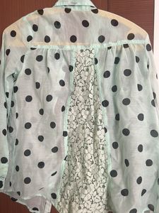 Sea Green Polka Dots Collared Shirt With Net Desig