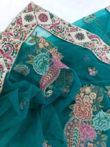 Floral-Paisley Embroidered Teal Green Net Saree