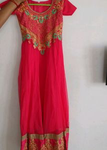 Medium Rose Netted Anarkali Kurthi Set