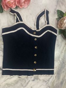 Navy & White Trim Button Tank