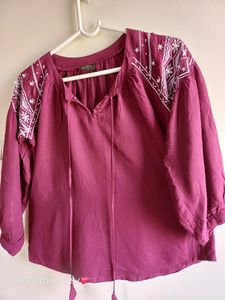 Magenta Colour Ballon Sleeves Top (XS/ S - Size)