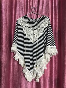Striped Poncho with Lace Details