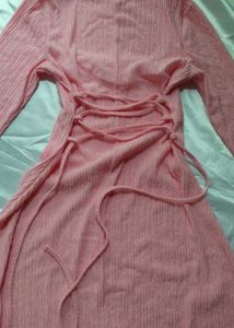 Pink Flare Sleeve Knit Midi Dress
