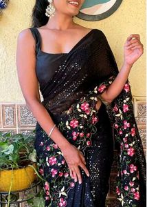 Partywear Sequence Saree Attached With Blouse