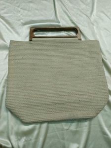 Cotton Jute Handbag With Wooden Handle