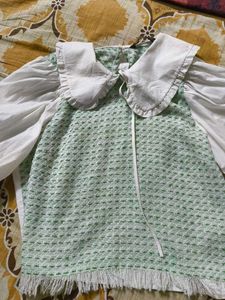 White Zara Top With green Houndstooth Pattern.