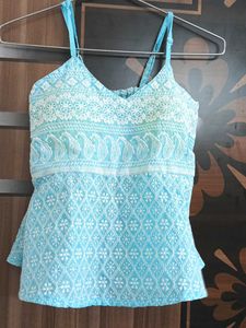 Light Blue Embroidered Cotton Kurti