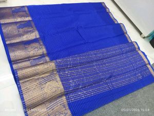 Elegant Blue Striped Organza Check Saree