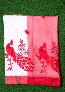 Peacock Handloom Saree - White &amp; Red