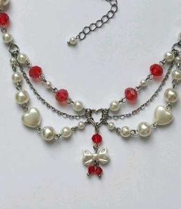 Red &amp; Pearl Heart Bow Necklace