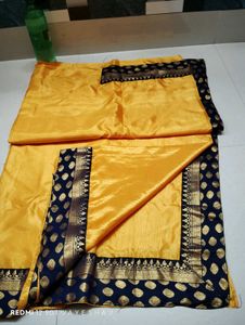 Elegant Yellow &amp; Navy Blue Sari