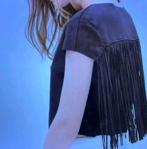 ZARA black faux suede fringe crop top