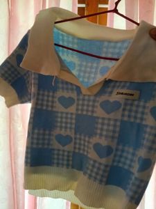 Blue Plaid Heart Knit Crop Top