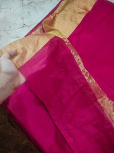 Hot Pink Artsilk With Golden Zari Border