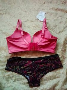 Peach Padded Bra &amp; Patterned Panties Set