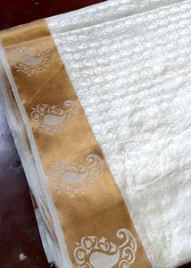 Brown Bordered White Saree For Festivals