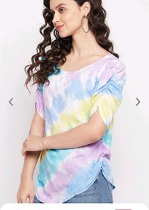 Tye Dye Print Rayon Top With Elastic Sleeves