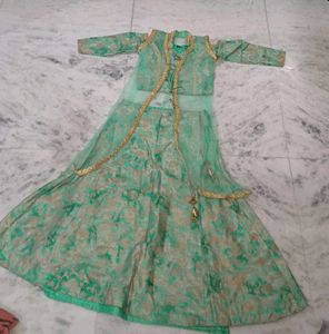 Green crop top and skirt dress with shrug Set