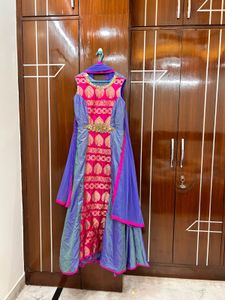 Regal Blue &amp; Pink Silk Floor-Length Anarkali Suit