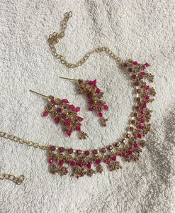 Gold Plated Party Wear Pink Necklace Set For Women
