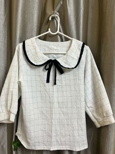 White Black Strip Korean Bow Top