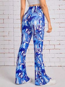 Blue Marble Print Flared Pants