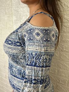 Cream And blue Printed Top With cut Out Shoulder