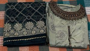 Pista Green Long Kurta &amp; Designer Dupatta Size M