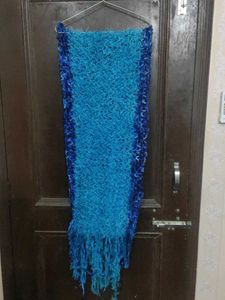Blue Knitted dupatta or Scarf with Fringe