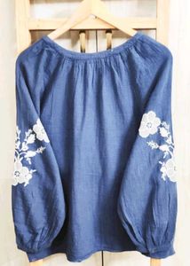 Blue Embroidered Peasant Blouse Size-44