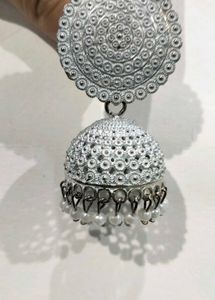White Silver Jhumka Earrings with Pearl Drops