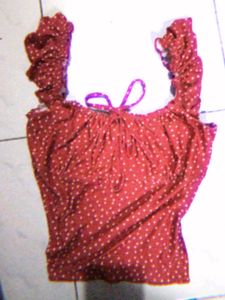 Printed Ruffle Sleeve Red Polka Dot Tie-Front Top