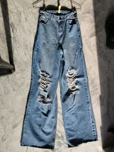 Blue Ribbed Wide Leg Jeans