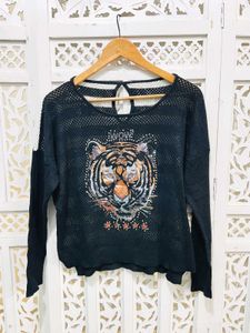Black Oversized Tiger Print Top A