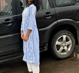 Blue Embroidered Real Chiken Kurti