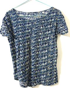 Printed Blue Cotton T Shirt