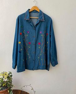 Vintage Flower Embroidered Denim Shirt