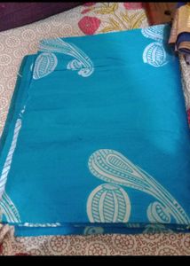 Teal & White Printed Fabric Saree