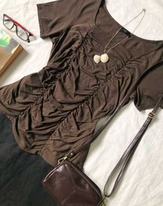 Brown Ruched Top &amp; Skirt Set