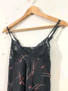 Black Flower Printed Nighty With Straps