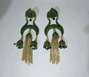 Earring/Jhumka Green Colour With Golden Strings