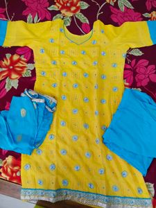 stitched Yellow & Blue Kurta Set with lining