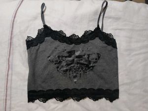 Grey Butterfly Lace Trim Cami Top
