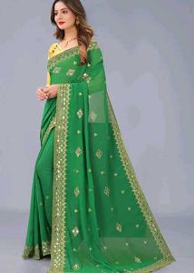 MARUTI ART Green Georgette Mirror Work Saree with